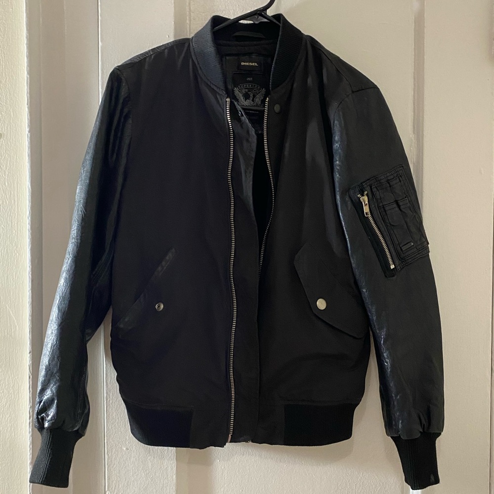 Diesel Men’s Black Leather/Nylon Bomber Jacket